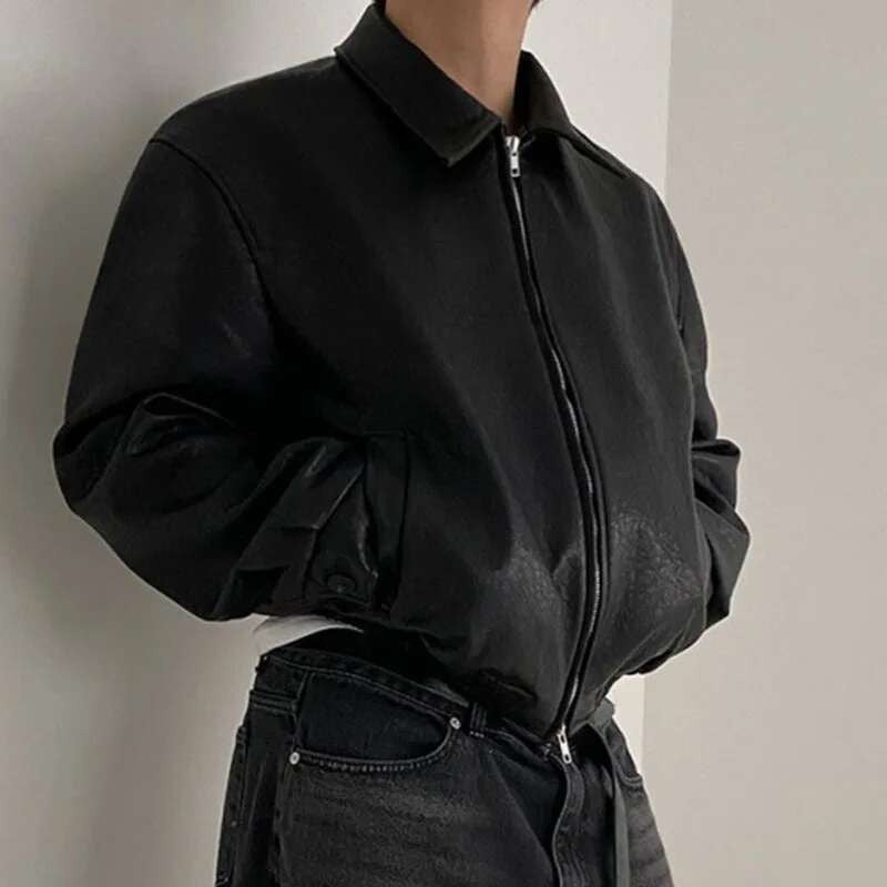 IEFB Short PU Leather Coat Men's Spring Summer Loose Turn-down Collar Coat Korean Style Trend Male Jacket Casual Top 9C5013