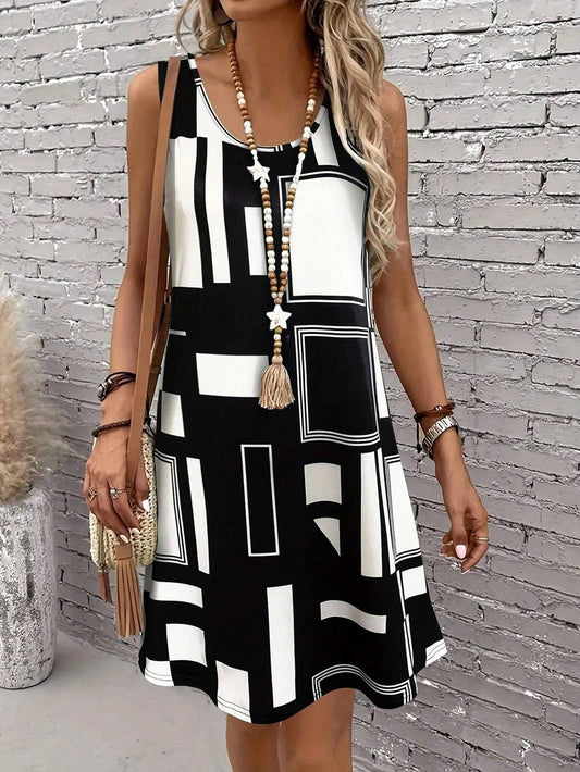 Geometric Pattern Sleeveless Dress For Women‘s Summer Clothes,Black Women Midi