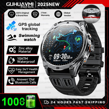 Novo Smartwatch GPS 2025 Bateria de 1000mAh Bússola 10ATM À Prova D'água Táticas Esportivas Lanterna Chamada BT Smart Watch Para Homens Para xiaomi
