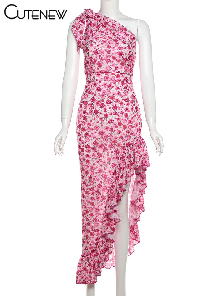 Cutenew Floral Print Women Midi Dresses Fashion Incline Shoulder Bandage Ruffle