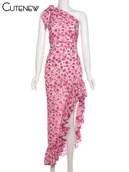 Cutenew Floral Print Women Midi Dresses Fashion Incline Shoulder Bandage Ruffle