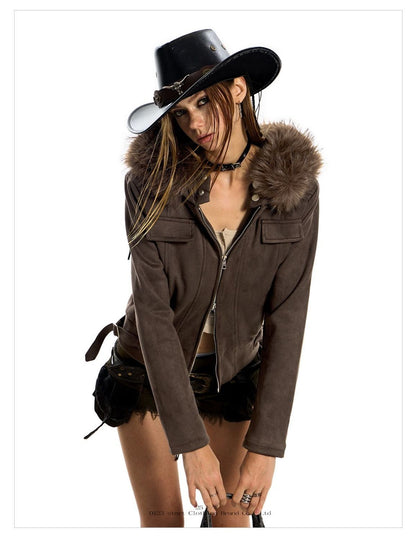 American hot girl big fur collar slim short jacket for women buckskin velvet waist slimming hooded cardigan sweatshirt