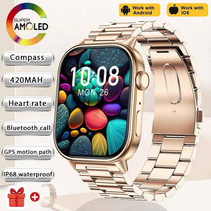 Smartwatch de Música Feminino 2025 Novo com Tela AMOLED HD de 2.01'' Moda, GPS de 6 Estrelas Embutido, Rastreador Impermeável e Chamada, Braceletes