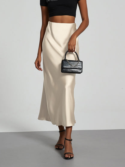 Fashion Satin Party Long Skirt High Waist Solid Color Casual Basic Women Skirts