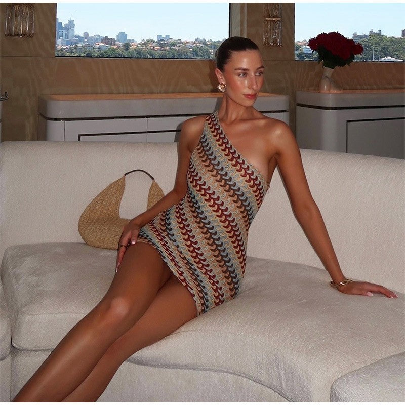 Irregular Printed Knitted Mini Dress For Women Chic Backless Slanted Shoulder Sl