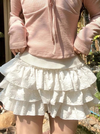 Kawaii Ball Gown Short Skirt Pleated Ruffles Layered High Waist Solid Mini Cake Skirts Lolita Girl Sweet Cute Elastic Waist  Y2K