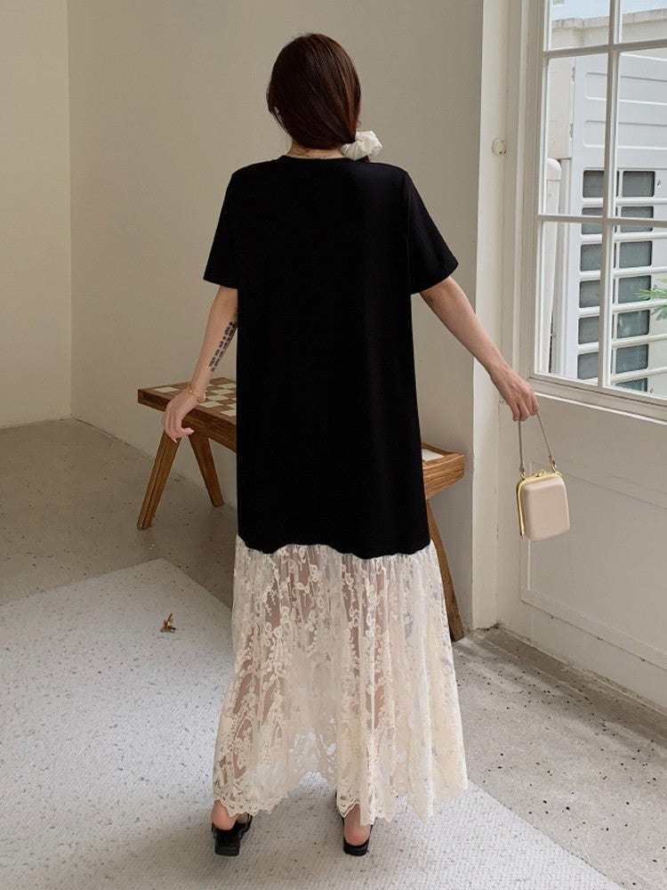 NYFS plus Size Women's Lave Patchwork Dress Summer 2025 Loose Long Dresses Robe Elbise Short Sleeve Korean Style Floral Hem