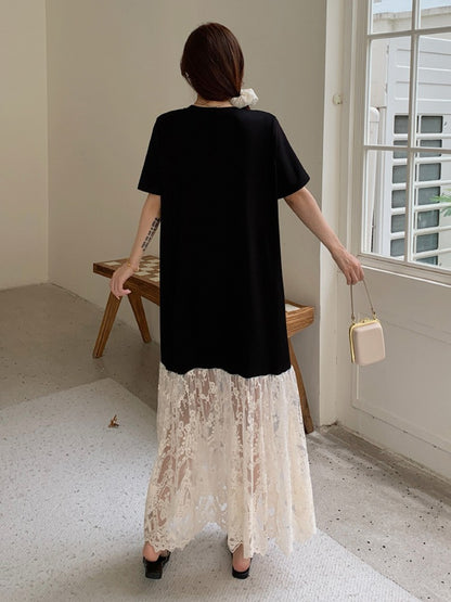 NYFS plus Size Women's Lave Patchwork Dress Summer 2025 Loose Long Dresses Robe Elbise Short Sleeve Korean Style Floral Hem