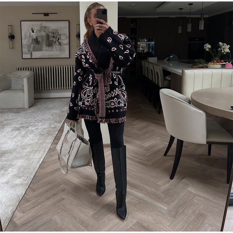 Knitted Print Lace-up Cardigan Coat Women's Elegant V-neck Tassels Full Sleeve Belted Sweaters 2025 Autumn New Ladies Outwear