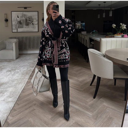 Knitted Print Lace-up Cardigan Coat Women's Elegant V-neck Tassels Full Sleeve Belted Sweaters 2025 Autumn New Ladies Outwear