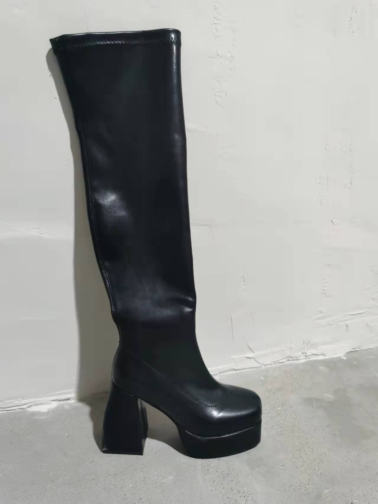 Comemore Women Punk Style Autumn Winter Chunky Platform High Boot Party Shoes Ladies Black Thick Heels Elastic Knee High Boots