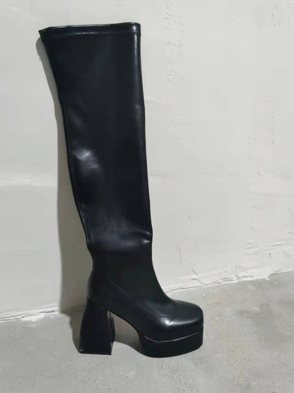 Comemore Women Punk Style Autumn Winter Chunky Platform High Boot Party Shoes Ladies Black Thick Heels Elastic Knee High Boots