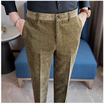 Novas calças de terno de veludo cotelê masculinas para outono e inverno moda masculina negócios sociais casamento baile festa vestido calça slim fit
