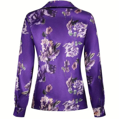 Elegant Intellectual Women's Satin Floral Print Shirt | Soft & Smooth V-Neck Long-Sleeve Button Formal Top for Spring