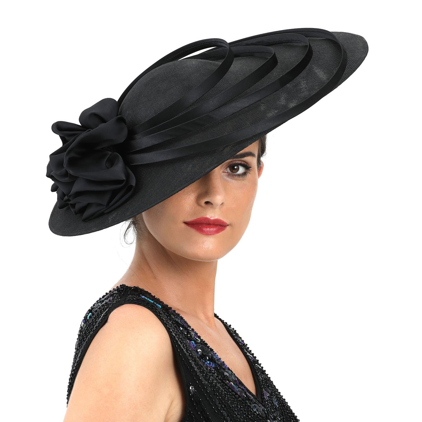 Fascinator Preto Grande com Flores Chapéu Sinamay para Igreja Chapéu Kentucky Derby Casamento Luxuoso Faixa de Cabelo Chapéu Coquetel Chá de Mulheres
