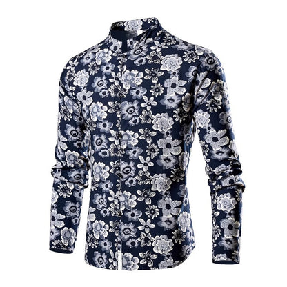 Chinese Style Men's Stand-up Collar Long-sleeved Shirt, Single-breasted Printed Shirts, Fashion Casual Camisas, Red Green Blue