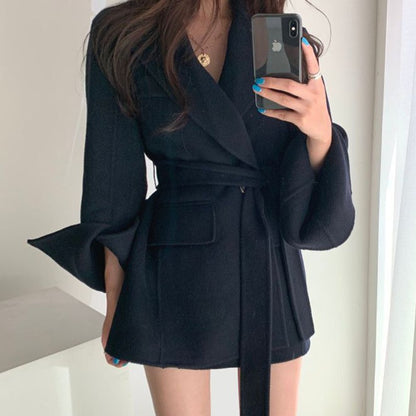 Retro Chic Autumn Winter Woolen Coat One Button Long Sve Suit Collar Waist Cinched Side Slit Warm Knitwear for Women