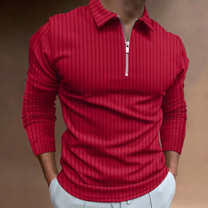 2024 New Men's Autumn And Winter Solid Color Lapel Leisure Sports Polo Shirt Zipper Striped Long Sleeve High Elasticity