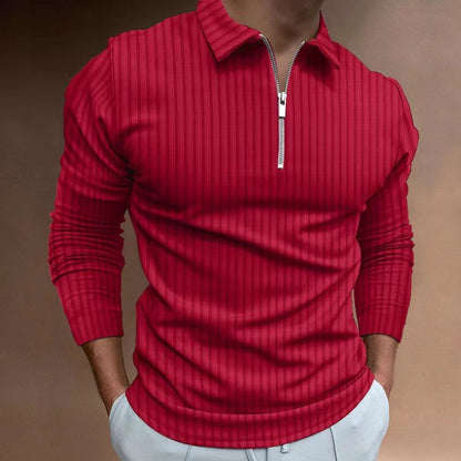 2024 New Men's Autumn And Winter Solid Color Lapel Leisure Sports Polo Shirt Zipper Striped Long Sleeve High Elasticity