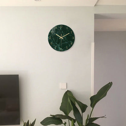 Personalized Dark Green Marble Texture Pattern Tempered Glass Wall Clock Living Room Bedroom Kitchen Home Decoration Wall Clock Silent Quartz Clock Holiday Gift 12 Inches 14 Inches 16inch (Without Batteries)
