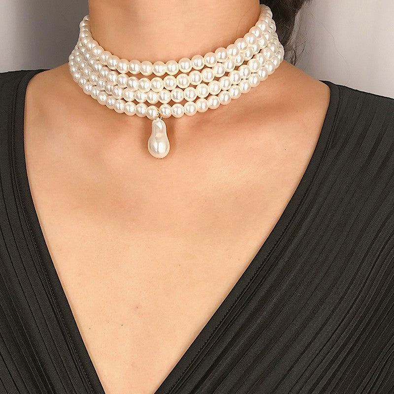 Colar Choker Clássico Camadas Fio Pérolas Redondas para Mulheres, Pingente de Pérola Barroca Irregular, Presente de Casamento