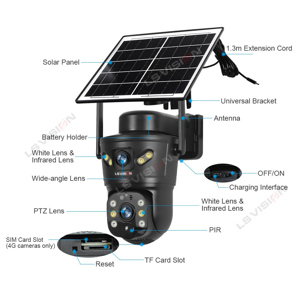 LS VISION 4G /WIFI Outdoor Solar Camera 8MP Dual Lens PIR Sim Card built in Night Vision Waterproof Security Camara Battery CCTV