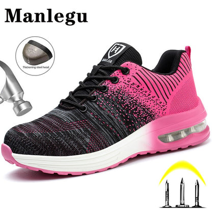Sapatos de segurança leves para mulheres e homens, tênis de trabalho com amortecimento de ar, sapatos com bico de aço, botas de segurança para construção, sapatos de trabalho anti-impacto.