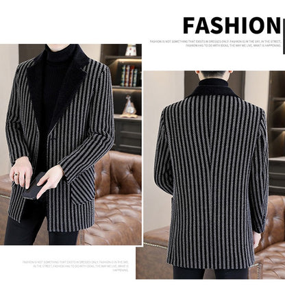 Classic Autumn Winter Men's Mid-Length Woolen Coats Casual Striped Overcoat Outwear Windbreaker Business Warm Long Jackets