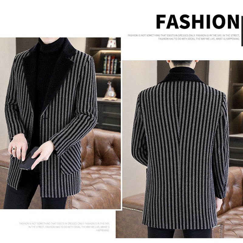 Classic Autumn Winter Men's Mid-Length Woolen Coats Casual Striped Overcoat Outwear Windbreaker Business Warm Long Jackets