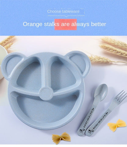 3-Piece Cute Divided Dining Plate for Children's Bowls Solid Color Fork Spoon Sucking Tableware Set with Wheat Material