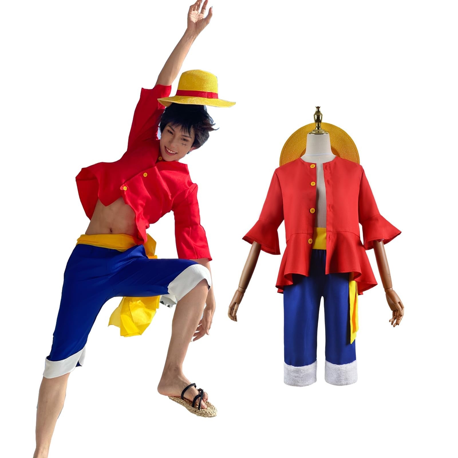 Anime Monkey D Luffy Cosplay Costumes ONE PIC Sun God Luffy Cosplay Red Suits Hat Halloween Carnival Costume For Adult Kids