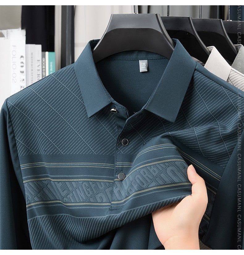 TFETTERS Elegant T Shirt for Man 2025 Spring Autumn Tops Long Sleeve Turn Down Collar Graphic Smart Casual T-shirt for Men