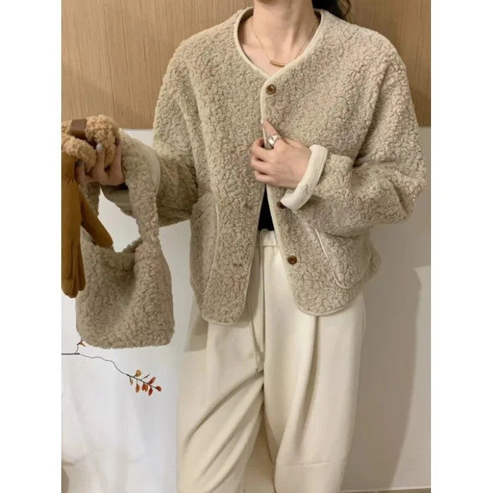 Korean Chic round Neck Single Button Loose Lamb Fur Jacket Winter Elegant Fashion Small Size with Bag Matching Women's Coat