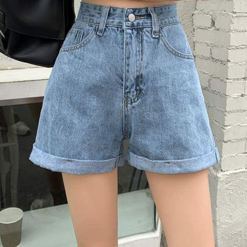 Summer 2024 New Women Rolled Edge Hot Denim Shorts Lady Korean Mini Pants Girls Elastic Blue Black Black Gray A Line Short Jeans