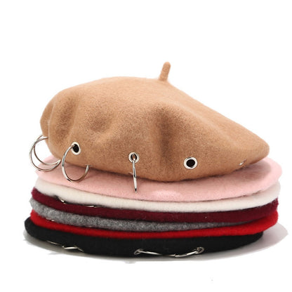 Fashion Winter Berets For Women girl Punk Rock Style Iron Rings Beret Caps Retro Wool Hats Black Woolen Painter Caps