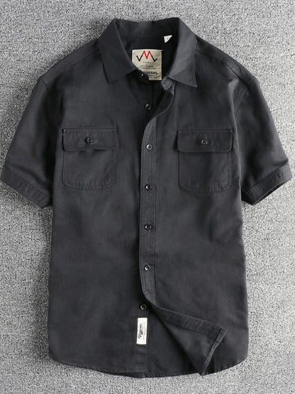 2024 Summer New American Retro Short Sleeve Lapel Cargo Shirt Men's Simple 100% Cotton Washed Double Pockets Casual Blouses