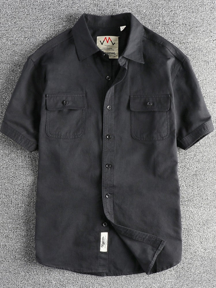 2024 Summer New American Retro Short Sleeve Lapel Cargo Shirt Men's Simple 100% Cotton Washed Double Pockets Casual Blouses