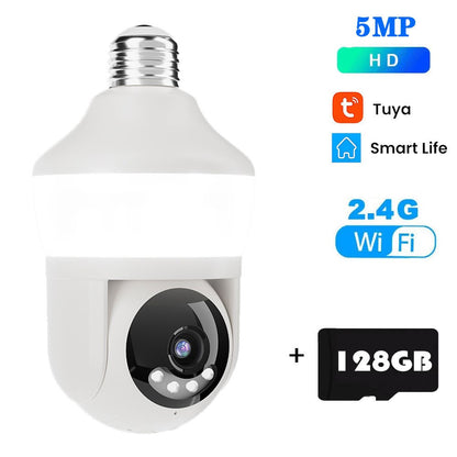 Tuya E27 Light Bulb Dual Screen WiFi Camera 5MP Indoor 5x Zoom PTZ Security Camera IR Color Night Vision Wireless Surveillance
