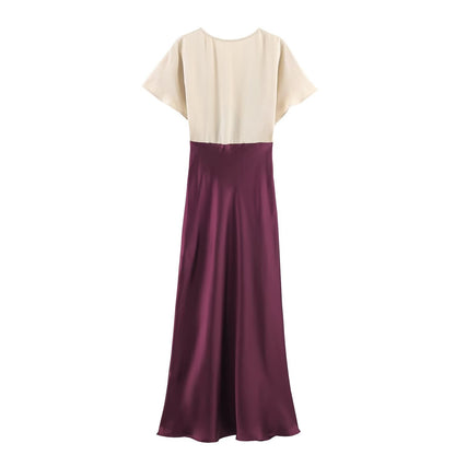 BSAY lace splice Satin dress 2025 autumn new side zip chic female French elegant long dress sexy V-neck banquet evening mujer