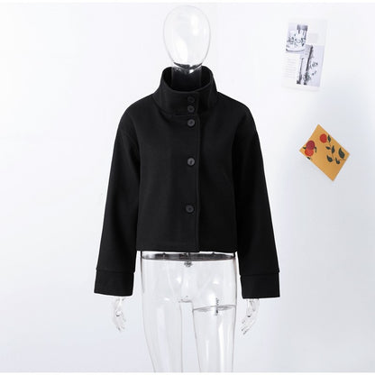 Elegant Stand Collar Woolen Jacket For Women Y2K Single Breasted Button Pockets Coat Lady 2025 Autumn Winter Street Chic Outwear