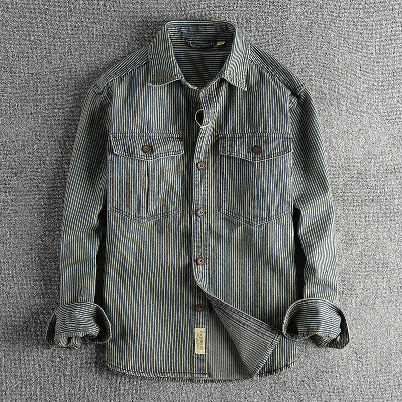 Yarn-dyed striped fabric washed to make old vintage cargo denim shirt for men European and American fashion casual shirt coat