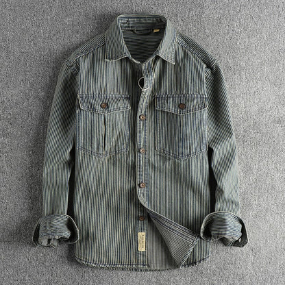 Yarn-dyed striped fabric washed to make old vintage cargo denim shirt for men European and American fashion casual shirt coat