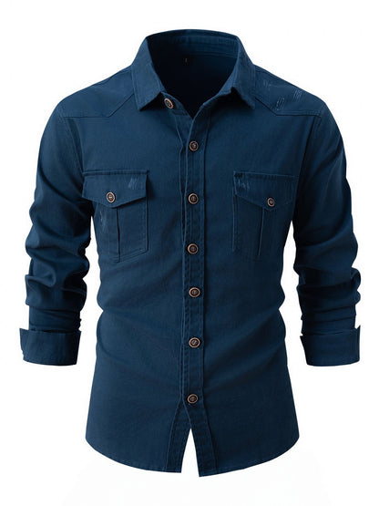 European size denim shirt men's casual solid color double pocket men's long sleeve washed elastic cotton fashion new business sh