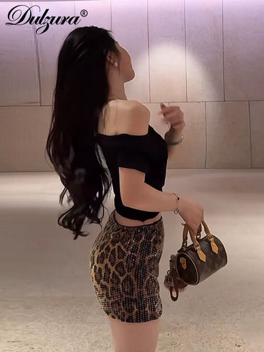 Dulzura Summer Latest Fashion Elegant High Waist Sequins Sexy Slim Leopard Print Short Skirt Party Club Street Clothes Wholesale