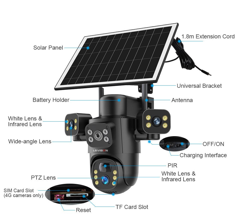 LS VISION 4G / WiFi Solar Camera 3Lenses Outdoor 15MP 4K Low Power Battery IP Camera PIR Night Vision V380 Pro CCTV Security