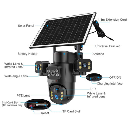 LS VISION 4G / WiFi Solar Camera 3Lenses Outdoor 15MP 4K Low Power Battery IP Camera PIR Night Vision V380 Pro CCTV Security