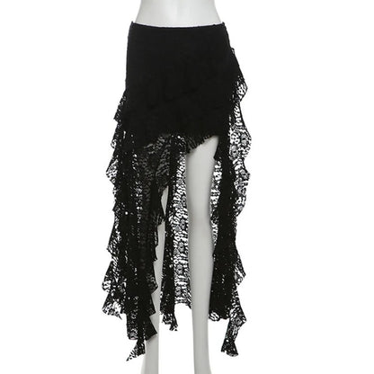 Sexy High Waist Lace Ruffles Skirts Women 2025 Spring Irregular Y2k Skirts Women Fashion Black Patchwork Party Clubwear Gothic