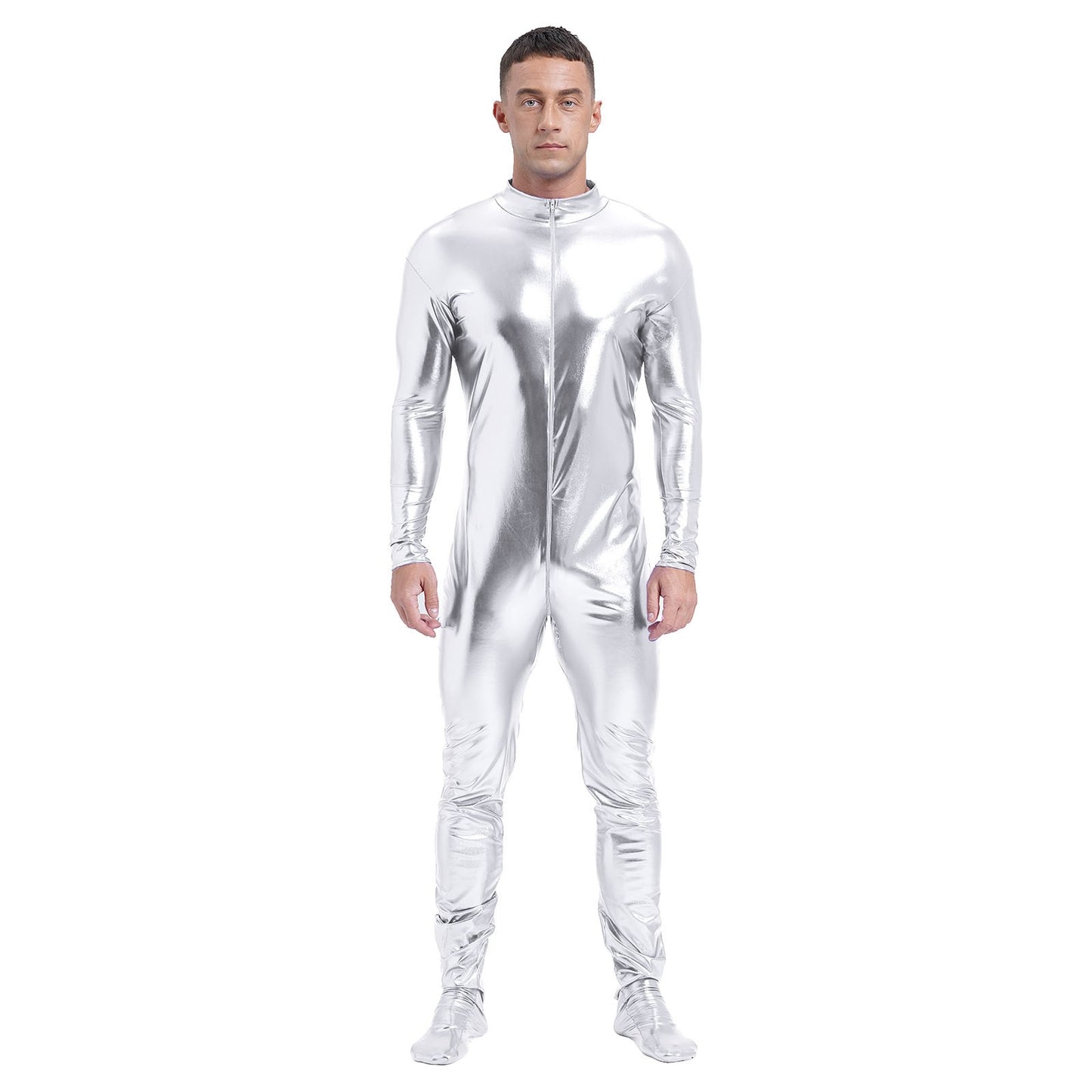 Men's Shiny Metallic Zentai Dress-up Jumpsuit Cosplay Costume Performance Stage Disco Clubwear Full Body Unitard Tights Leotard