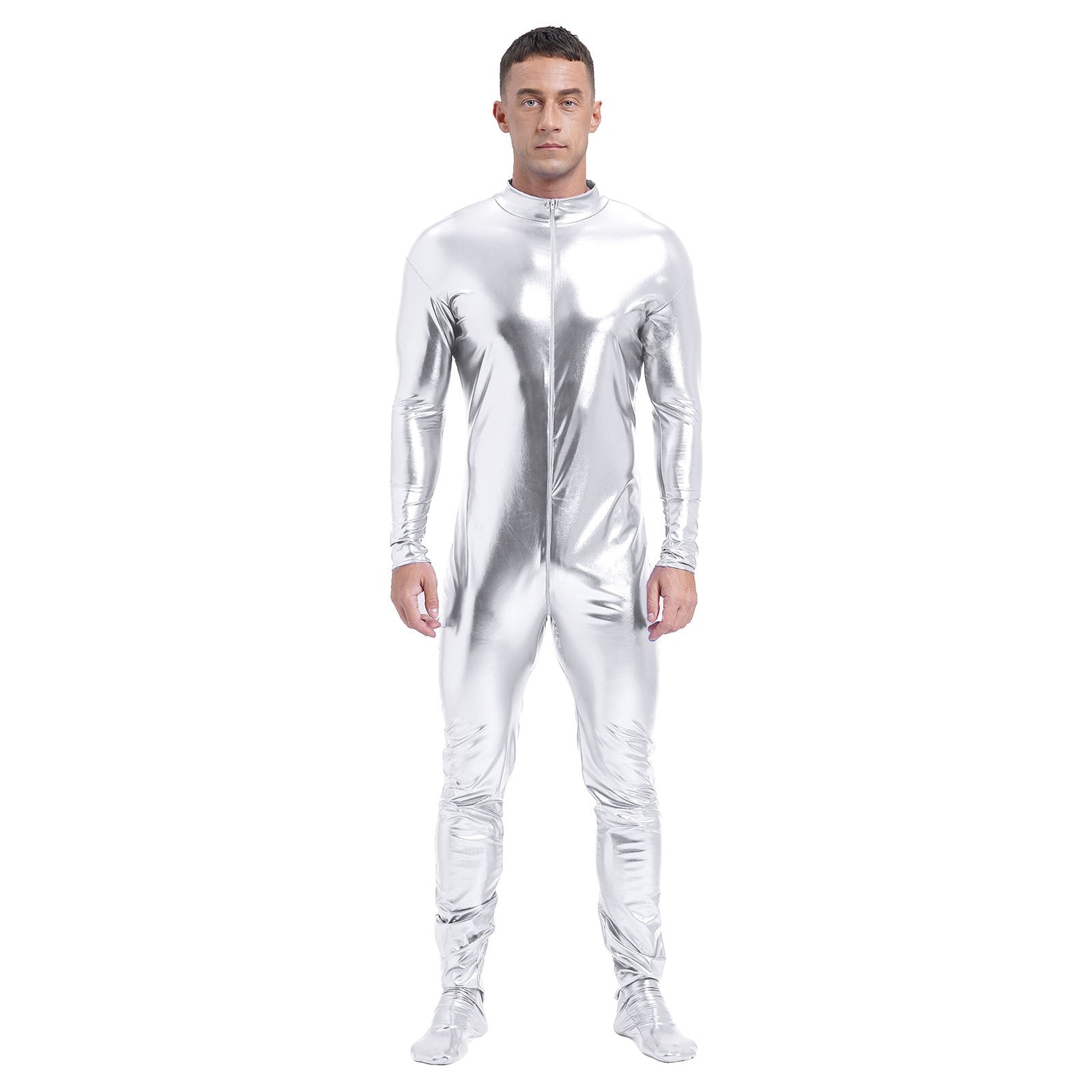 Men's Shiny Metallic Zentai Dress-up Jumpsuit Cosplay Costume Performance Stage Disco Clubwear Full Body Unitard Tights Leotard