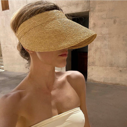 Chapéu de Sol Feminino USPOP de Verão com Aba Grande, Estilo Tiara de Ráfia, Casual e Aberto, para Praia